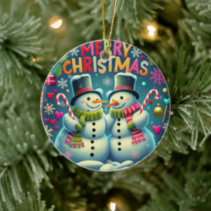 Niedliches Snowman-Paar mit einem Hats-Ornament Keramik Ornament