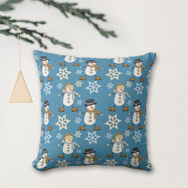 Niedliches Snowman Snowflake Pattern auf Blue Kissen (Von Creator hochgeladen)