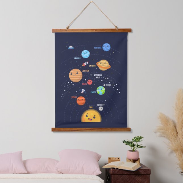 Niedliches Solarsystem Wandteppich Mit Holzrahmen (Schlafzimmer)