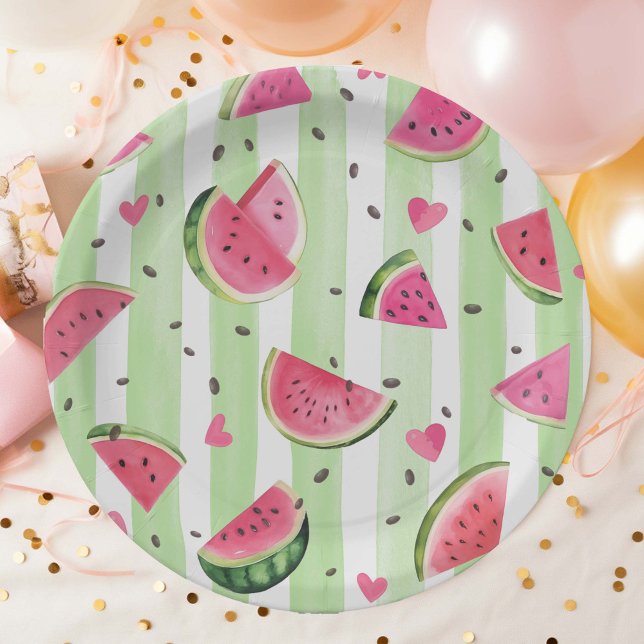 Niedliches Sommerrosa Wassermelone, Adorable Fruch Pappteller (Summer Birthday Pink Watercolor Watermelon, Girl Party Paper Plates.)
