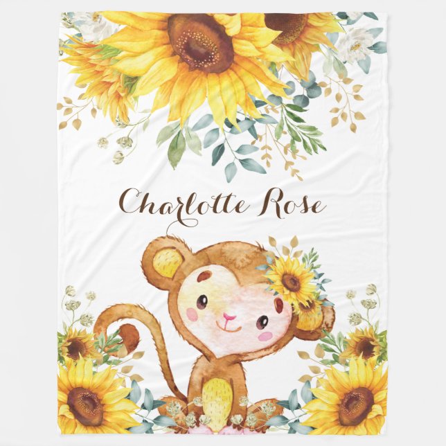 Niedliches Sonnenblumen-Jungle-Affe-Baby-Girl-Kind Fleecedecke (Vorderseite)