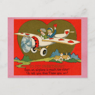 Niedliches, sonniges Vintages Valentinstag Flugzeu Postkarte
