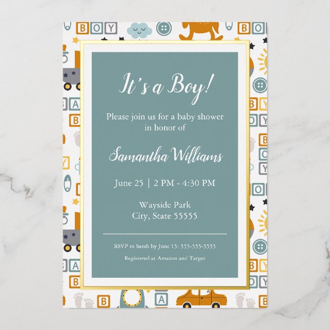 Niedliches Spielzeug Muster Boy Aquamarin Baby Dus Folieneinladung (Vorderseite)