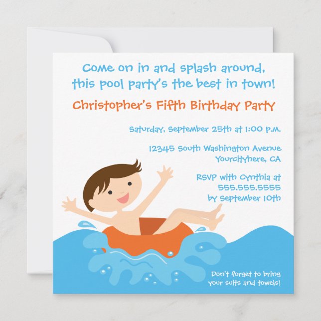 Niedliches Splash-Jungen-Party Geburtstagsaufentha Einladung (Vorderseite)