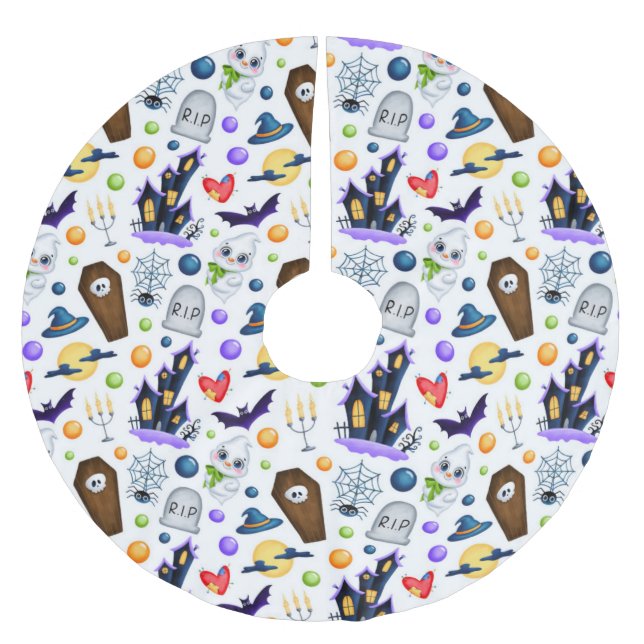 Niedliches Spuk House Halloween-Muster Polyester Weihnachtsbaumdecke (Vorderseite)