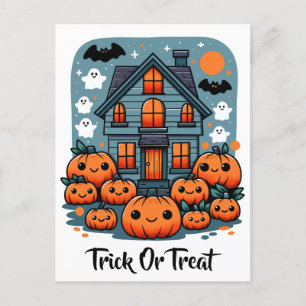 Niedliches Spuk House Halloween Pumpkins Ghosts &  Postkarte