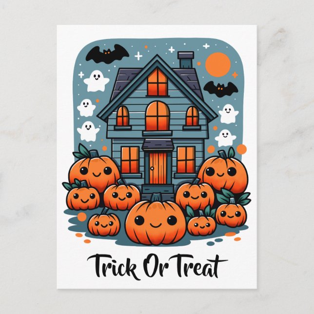 Niedliches Spuk House Halloween Pumpkins Ghosts &  Postkarte (Vorderseite)