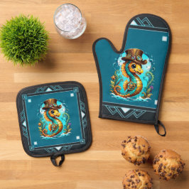 Niedliches Steampunk-Seepferd mit einem stilvollen Ofenhandschuh & Topflappen-Set