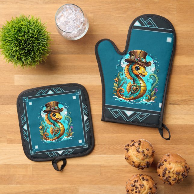 Niedliches Steampunk-Seepferd mit einem stilvollen Ofenhandschuh & Topflappen-Set (Oben Unten)