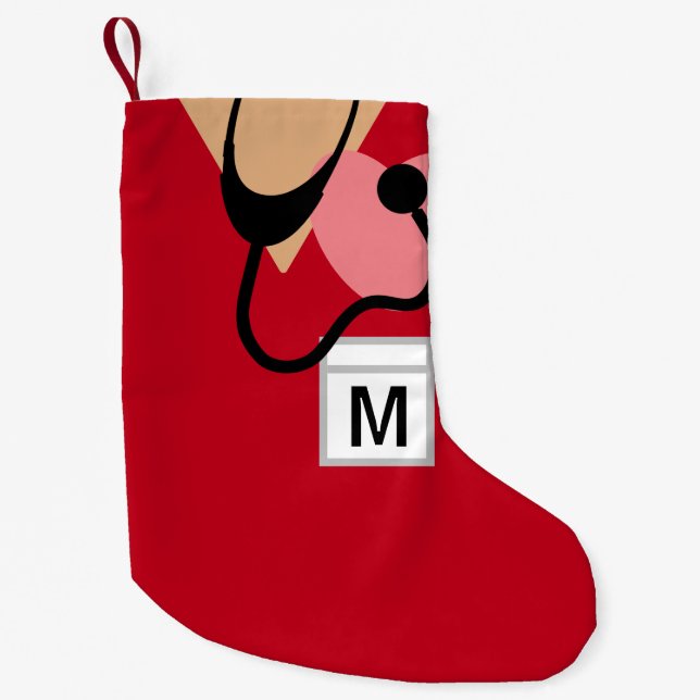 Niedliches Stethoscope Red Scrub Top Monogramm Kleiner Weihnachtsstrumpf (Vorderseite)