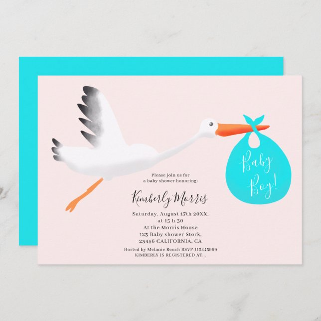 Niedliches Storchenrosa Taschenbild Babydusche Einladung (Vorne/Hinten)