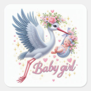 Niedliches Stork Carry Baby Girl Quadratischer Aufkleber