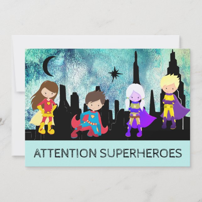 *~* Niedliches SUPERHEROS Kindergeburtstag Party Einladung (Vorderseite)