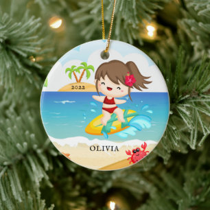 Niedliches Surfer Girl Personalisiert Weihnachten Keramik Ornament
