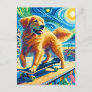 Niedliches Surreal Golden Retriever Skateboarding Postkarte