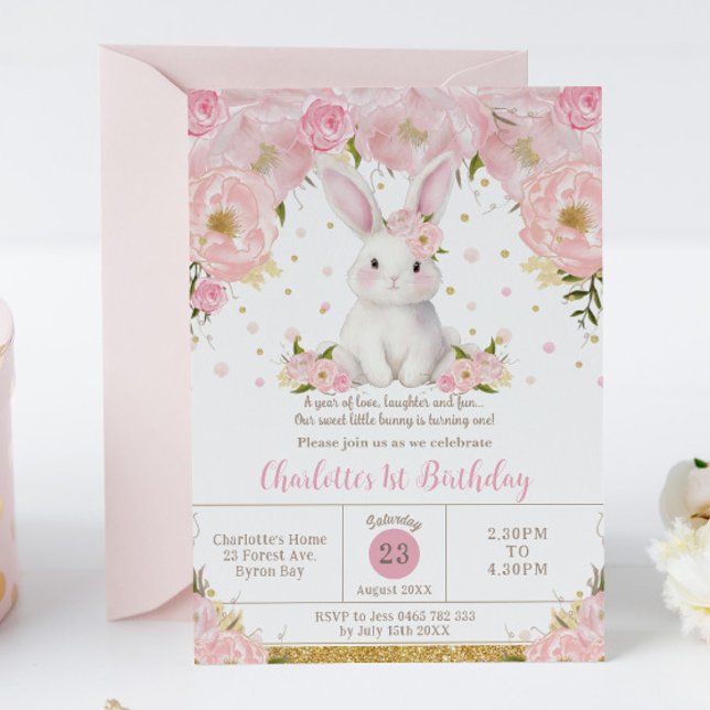 Niedliches Sweet Bunny Rabbit Pink 1. 3. Geburtsta Einladung (Von Creator hochgeladen)