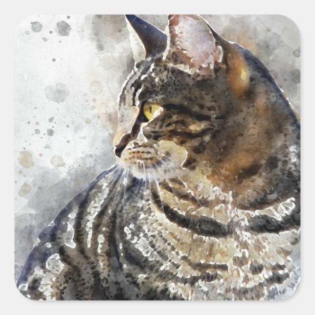Niedliches Tabby Cat Wasserfarbene Kunst, Dichtung Quadratischer Aufkleber (Vorderseite)