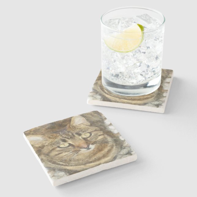 Niedliches Tabby mit Blick auf die Stift Steinuntersetzer (Seitenansicht)