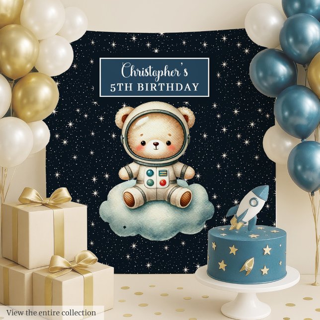 Niedliches Teddy Astronaut Party Hintergrund für J Wandteppich (Cute Teddy Astronaut Party Backdrop for Boys)