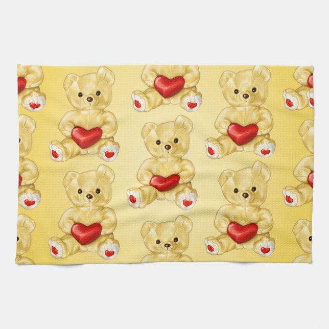 Niedliches Teddy Bär Holding Herz - Adorable Plush Geschirrtuch (Horizontal)