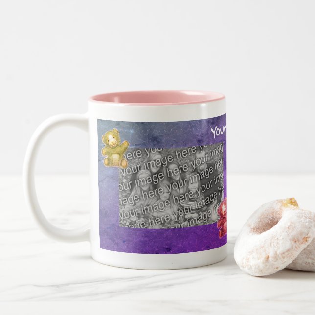 Niedliches Teddy Bär Rahmen Personalisiertes Foto Zweifarbige Tasse (Mit Donut)