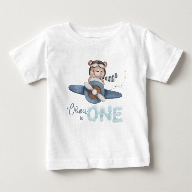 Niedliches Teddy Bear Blue Flugzeug 1 1. Geburtsta Baby T-shirt (Vorderseite)