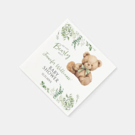 Niedliches Teddy Bear Bow Greenery Baby Boy Shower Serviette