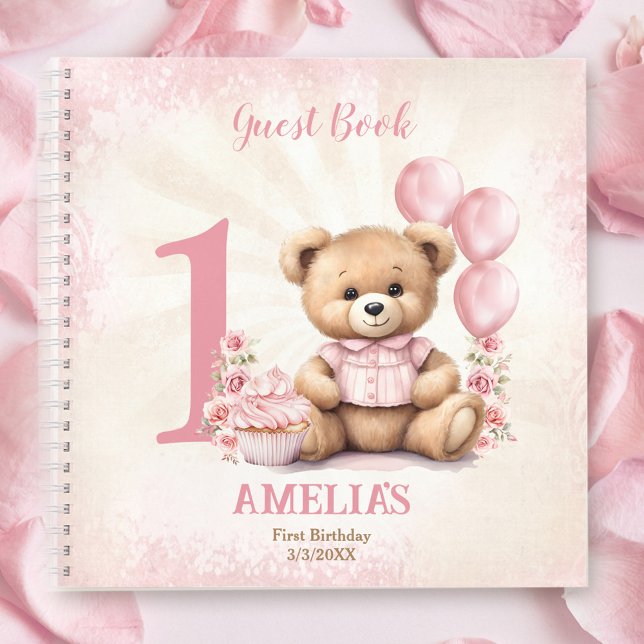 Niedliches Teddy Bear Girl Birthday Pink Gästebuch Notizbuch (Cute Teddy Bear Girl Birthday Pink Guest Book)