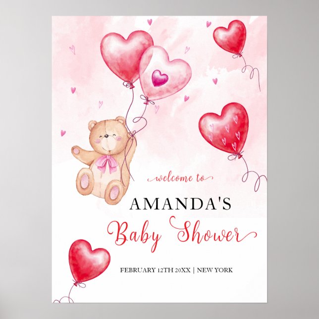 Niedliches Teddy Bear Heart Balloon Baby Dusche Wi Poster (Vorne)