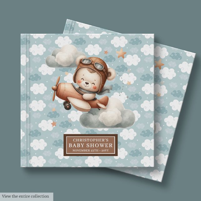 Niedliches Teddy Bear Pilot Baby Dusche Gästebuch  (Cute Teddy Bear Pilot Baby Shower Guest Book Blue)