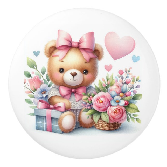 Niedliches Teddy Bear Pink Roses Balloons Kinderzi Keramikknauf (Vorderseite)