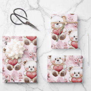 Niedliches Teddy Bear Valentine's Day Hearts Muste Geschenkpapier Set