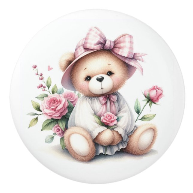 Niedliches Teddy Beer Pink Roses Baby Room Keramikknauf (Vorderseite)