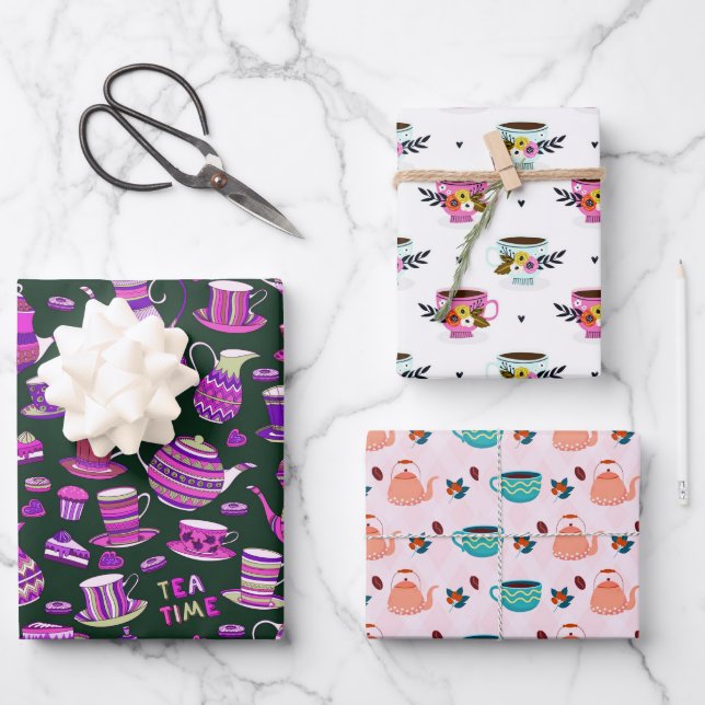 niedliches Tee-Party Geschenkpapier Set (Vorderseite)