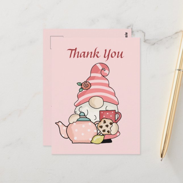 Niedliches Teehaus danke gnome Postcard Postkarte (Vorderseite/Rückseite Beispiel)
