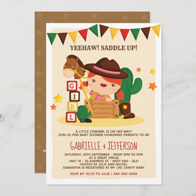 Niedliches Thema der kleinen Cowgirl-Babydusche Einladung (Vorne/Hinten)