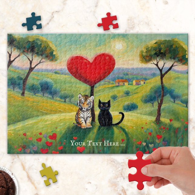 Niedliches Tiger und Black Kitten Liebe Puzzle (Puzzle featuring a cute primitive painting of a tiger cub and black kitten in a spring landscape)