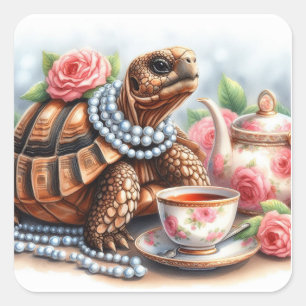 Niedliches Tortoise Tea Party Quadratischer Aufkleber