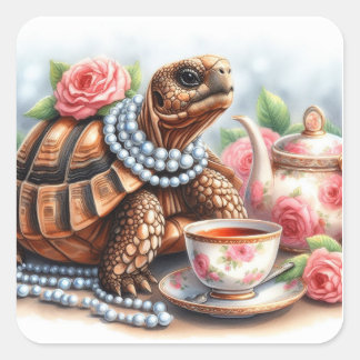 Niedliches Tortoise Tea Party Quadratischer Aufkleber