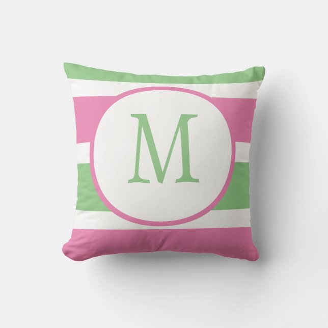 Niedliches Trendy Pink und Green Strip Monogramm Kissen (Vorderseite)