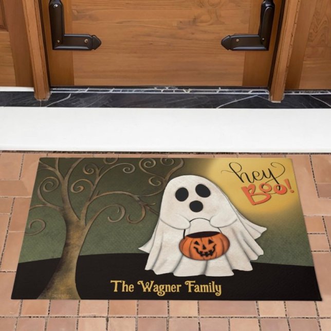 Niedliches Trick-or-Treater-Ghost-Halloween Fußmatte (Cute hey boo, personalize ghost, inspirivity doormat
)