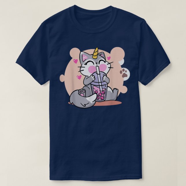Niedliches Trinken Kawaii Boba Cat Bubble Anime Ja T-Shirt (Design vorne)