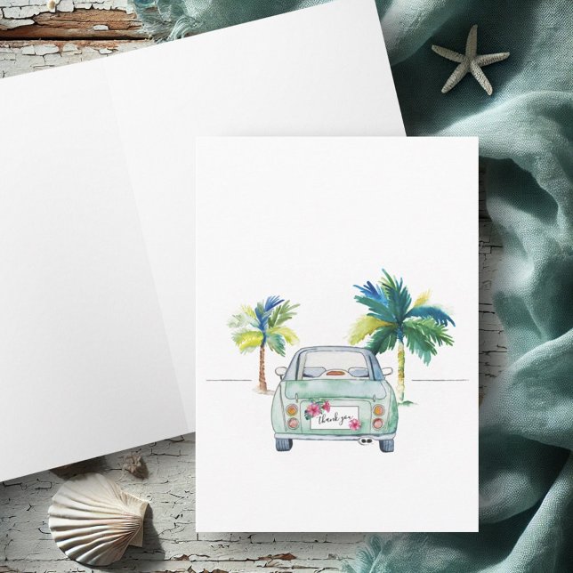 Niedliches tropisches Auto Florida Inspiration Was Karte (Tropical palm tree and car thank you card watercolor art by Victoria Grigaliunas of Do Tell A Belle)