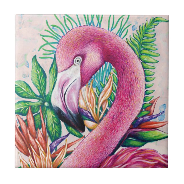 Niedliches tropisches Rosa Flamingo Keramik Tile Fliese (Vorderseite)