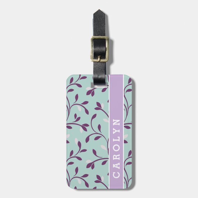Niedliches türkisfarbenes Blumenmuster Monogramm Gepäckanhänger (Vorderseite vertikal)