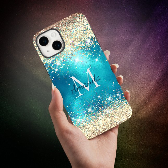 Niedliches türkisfarbenes Imitat Glitzer Monogramm Case-Mate iPhone Hülle (Von Creator hochgeladen)