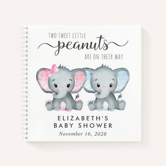 Niedliches Twin Girl Boy Elephant Baby Shower Gäst Notizbuch (Vorderseite)