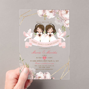 Niedliches TWIN Girl First Holy Communion Pink Flo Acryleinladungen