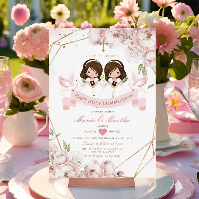 Niedliches TWIN Girl First Holy Communion Pink Flo Einladung (Von Creator hochgeladen)