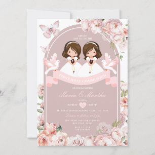 Niedliches TWIN Girl First Holy Communion Pink Flo Einladung